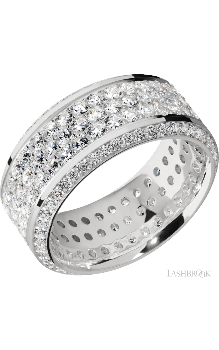10 mm wide/High Bevel/14K White Gold band with a Bevel Eternity arrangement of .01 carat Round Diamond stones in a Bead setting and featuring a a 3 Row Eternity arrangement of .03 carat Round Diamond stones in a Bead Channel setting