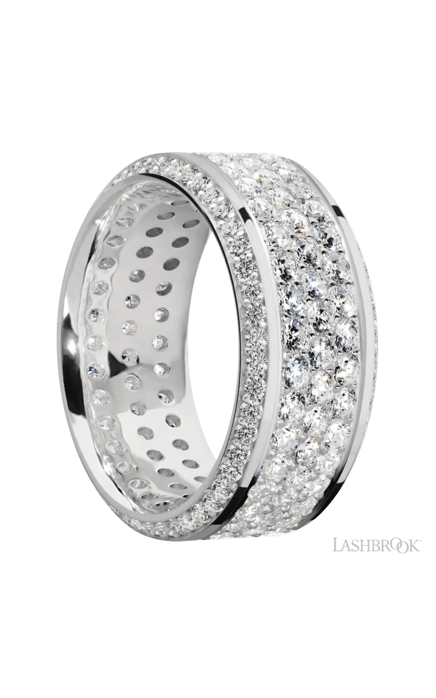 10 mm wide/High Bevel/14K White Gold band with a Bevel Eternity arrangement of .01 carat Round Diamond stones in a Bead setting and featuring a a 3 Row Eternity arrangement of .03 carat Round Diamond stones in a Bead Channel setting - Image 2