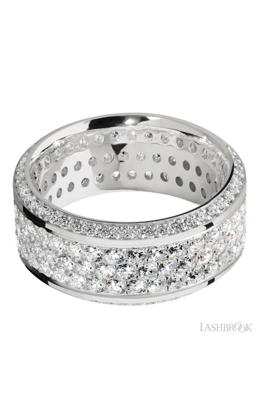 10 mm wide/High Bevel/14K White Gold band with a Bevel Eternity arrangement of .01 carat Round Diamond stones in a Bead setting and featuring a a 3 Row Eternity arrangement of .03 carat Round Diamond stones in a Bead Channel setting - Image 3