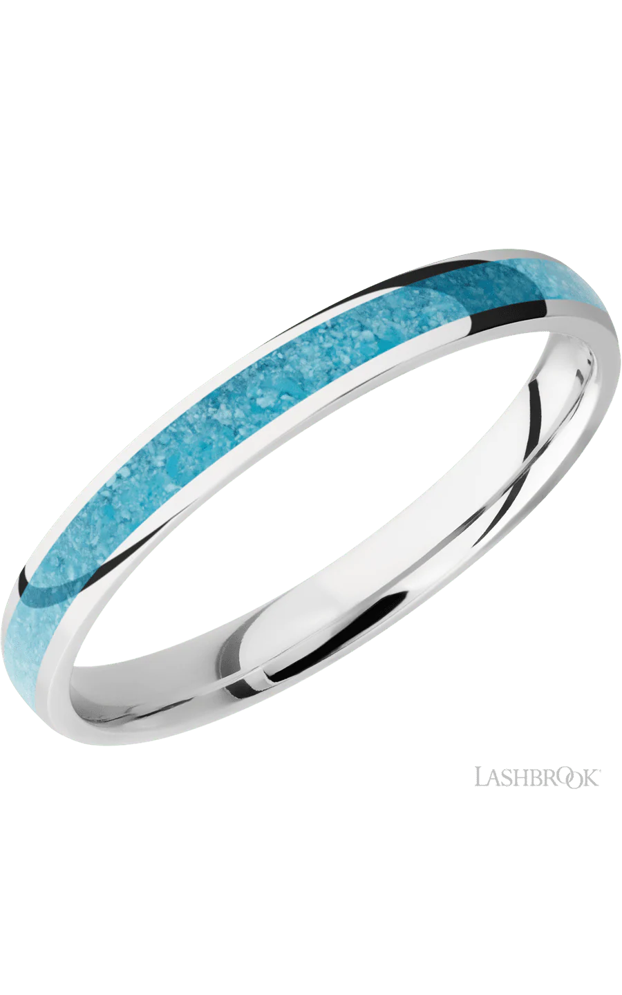 3 mm wide/Domed/Cobalt Chrome band with one 2 mm Centered inlay of Turquoise.