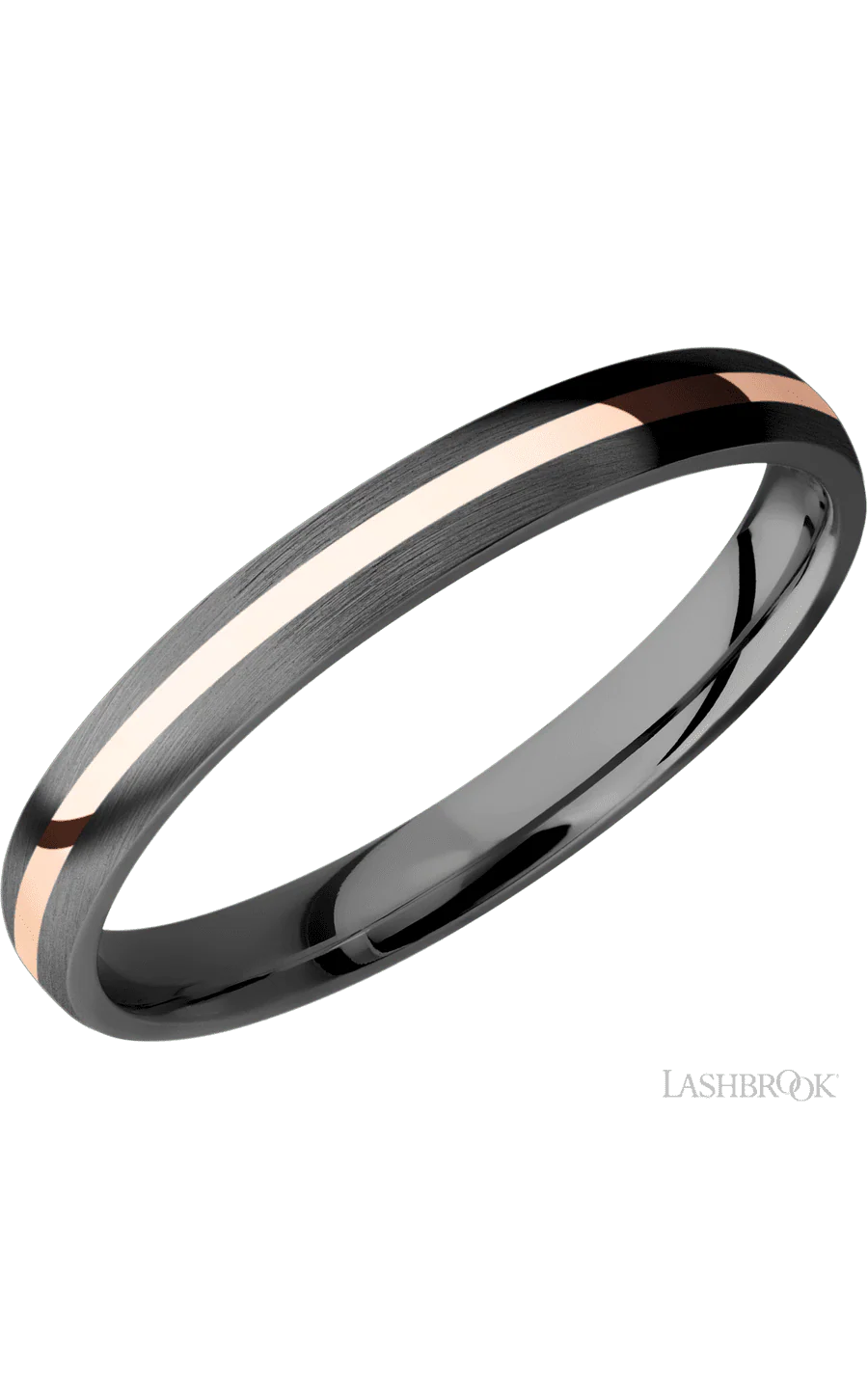 3 mm wide/Domed/Zirconium band with one 1 mm Centered inlay of 14K Rose Gold.
