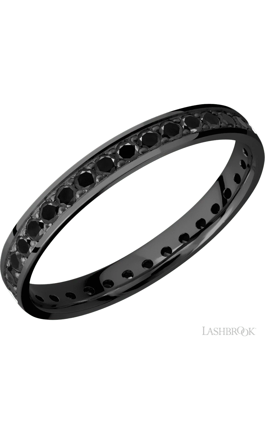 3 mm wide/Flat/Zirconium band with an Eternity arrangement of .03 carat Round Black Diamond stones in a Bead setting.