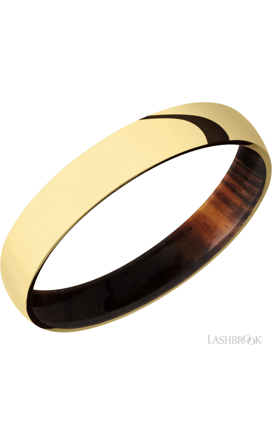4 mm wide Domed 14K Yellow Gold band featuring a Cocobolo sleeve.