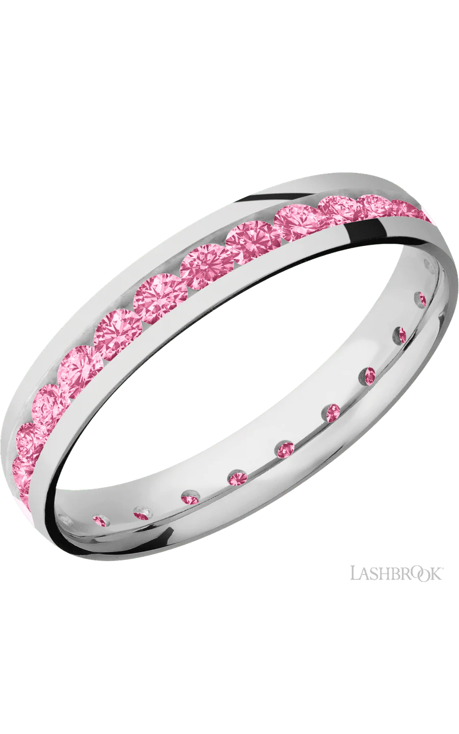 4 mm wide/Domed/Cobalt Chrome band with an Eternity arrangement of .07 carat Round Lab Dark Pink Diamond stones in a Channel setting.