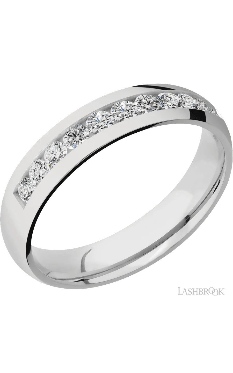 5 mm wide/Domed/Cobalt Chrome band with a Half Eternity arrangement of .07 carat Round Diamond stones in a Channel setting.