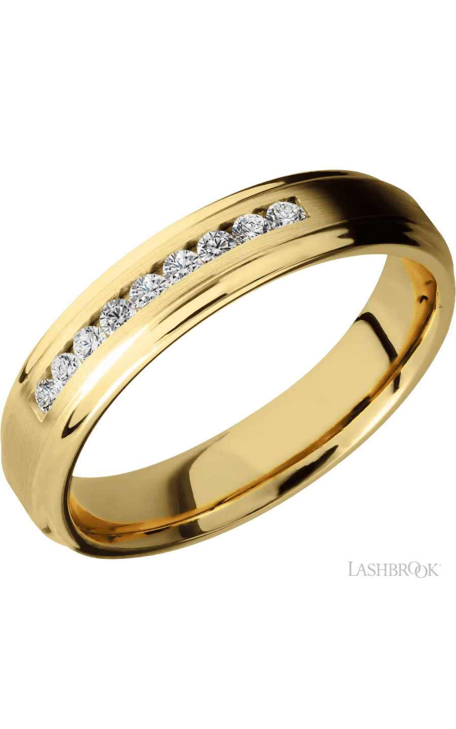 5 mm wide/Flat Grooved Edges/14K Yellow Gold band with an  arrangement of 9, .03 carat Round Diamond stones in a Channel setting.