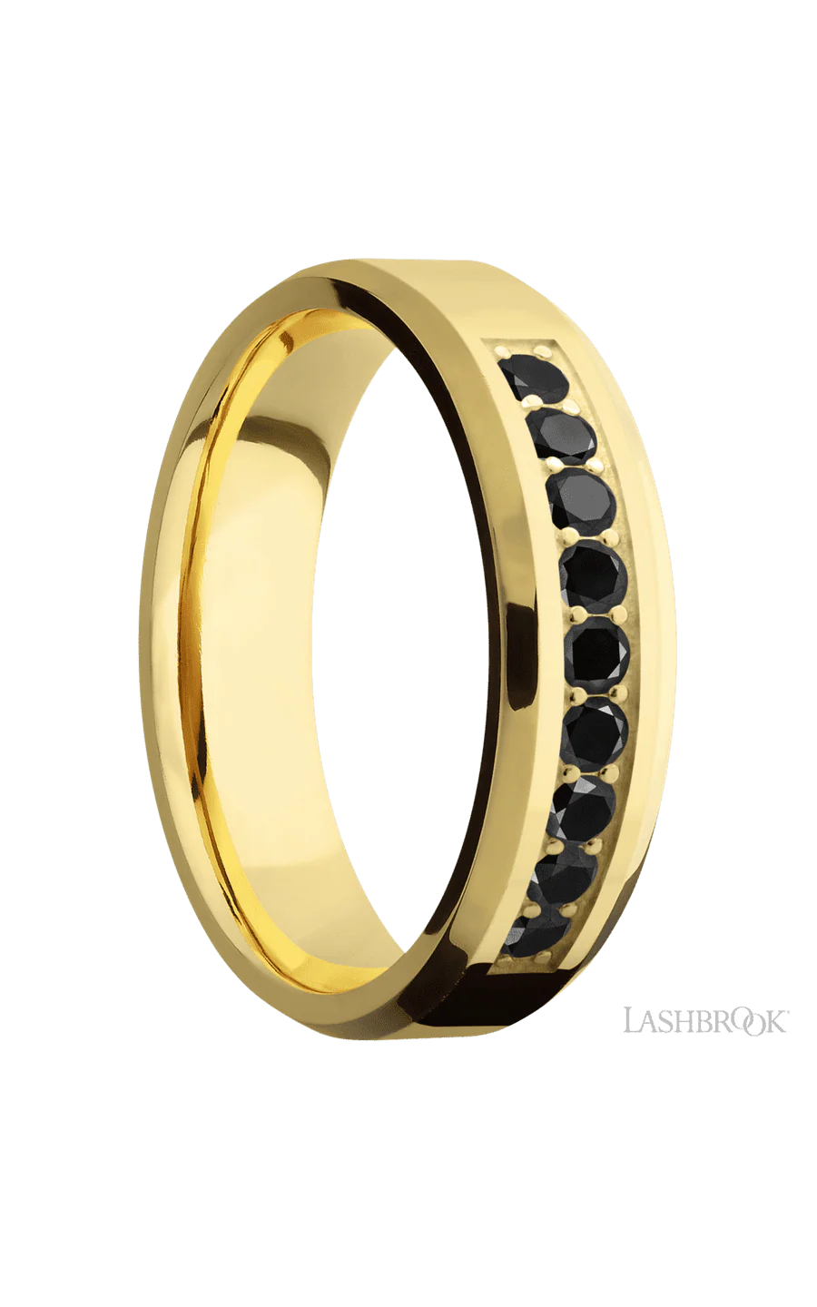 6 mm wide/Beveled/14K Yellow Gold band with an  arrangement of 9, .05 carat Round Black Diamond stones in a Bead Channel setting. - Image 2