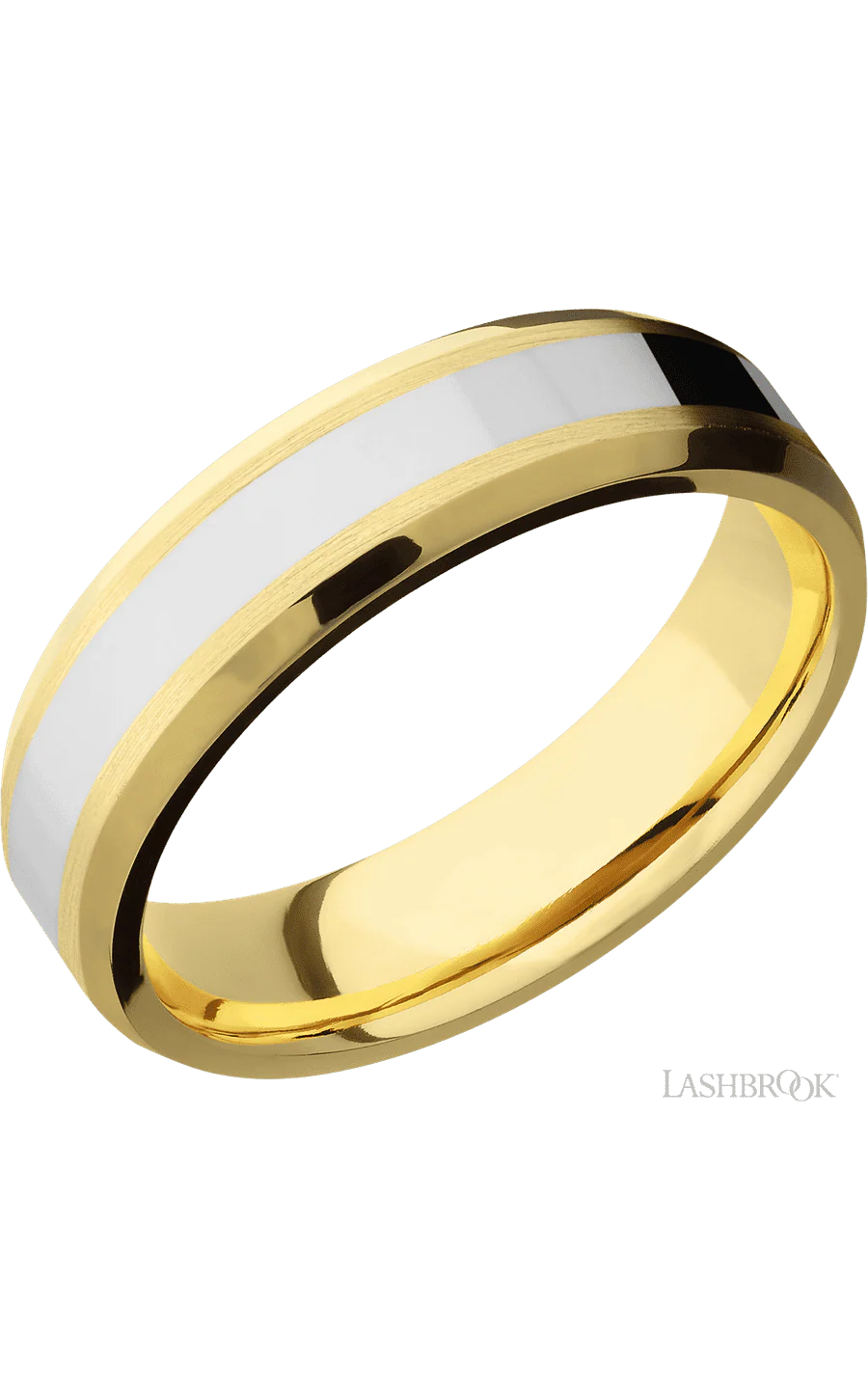 6 mm wide/Beveled/14K Yellow Gold band with one 3 mm Centered inlay of 14K White Gold.