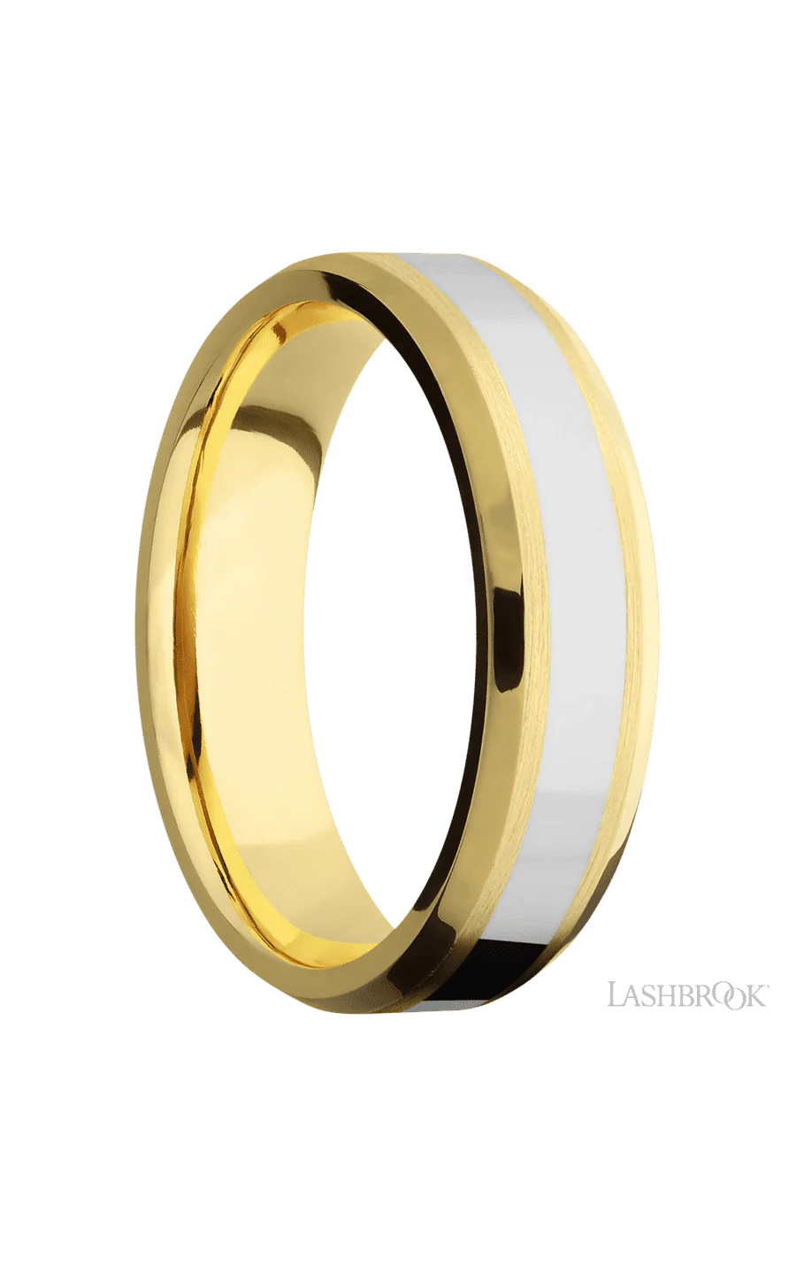6 mm wide/Beveled/14K Yellow Gold band with one 3 mm Centered inlay of 14K White Gold. - Image 2