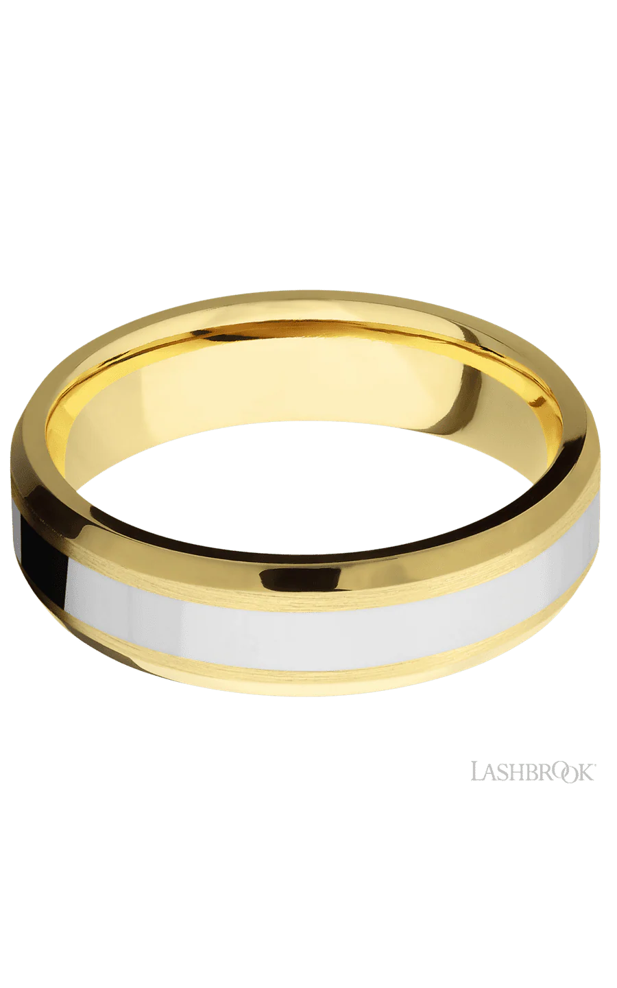 6 mm wide/Beveled/14K Yellow Gold band with one 3 mm Centered inlay of 14K White Gold. - Image 3