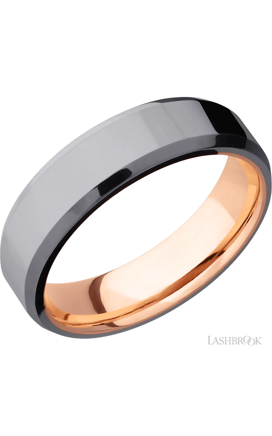 6 mm wide Beveled Tantalum band featuring a 14K Rose Gold sleeve.