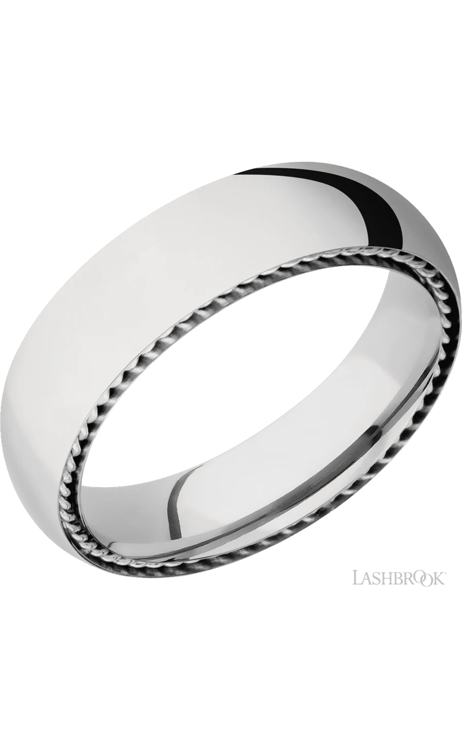 6 mm wide/Domed/14K White Gold band with two 1 mm Sidebraid inlays of 14K White Gold.