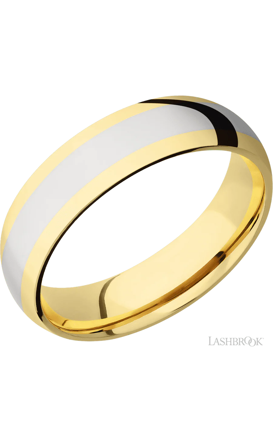 6 mm wide/Domed/14K Yellow Gold band with one 3 mm Centered inlay of 14K White Gold.