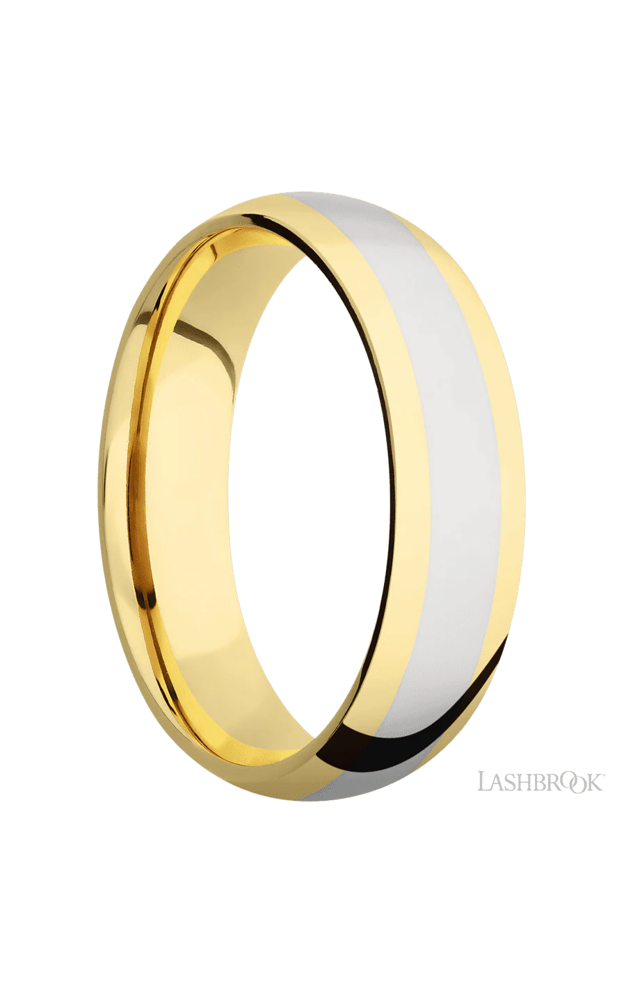 6 mm wide/Domed/14K Yellow Gold band with one 3 mm Centered inlay of 14K White Gold. - Image 2