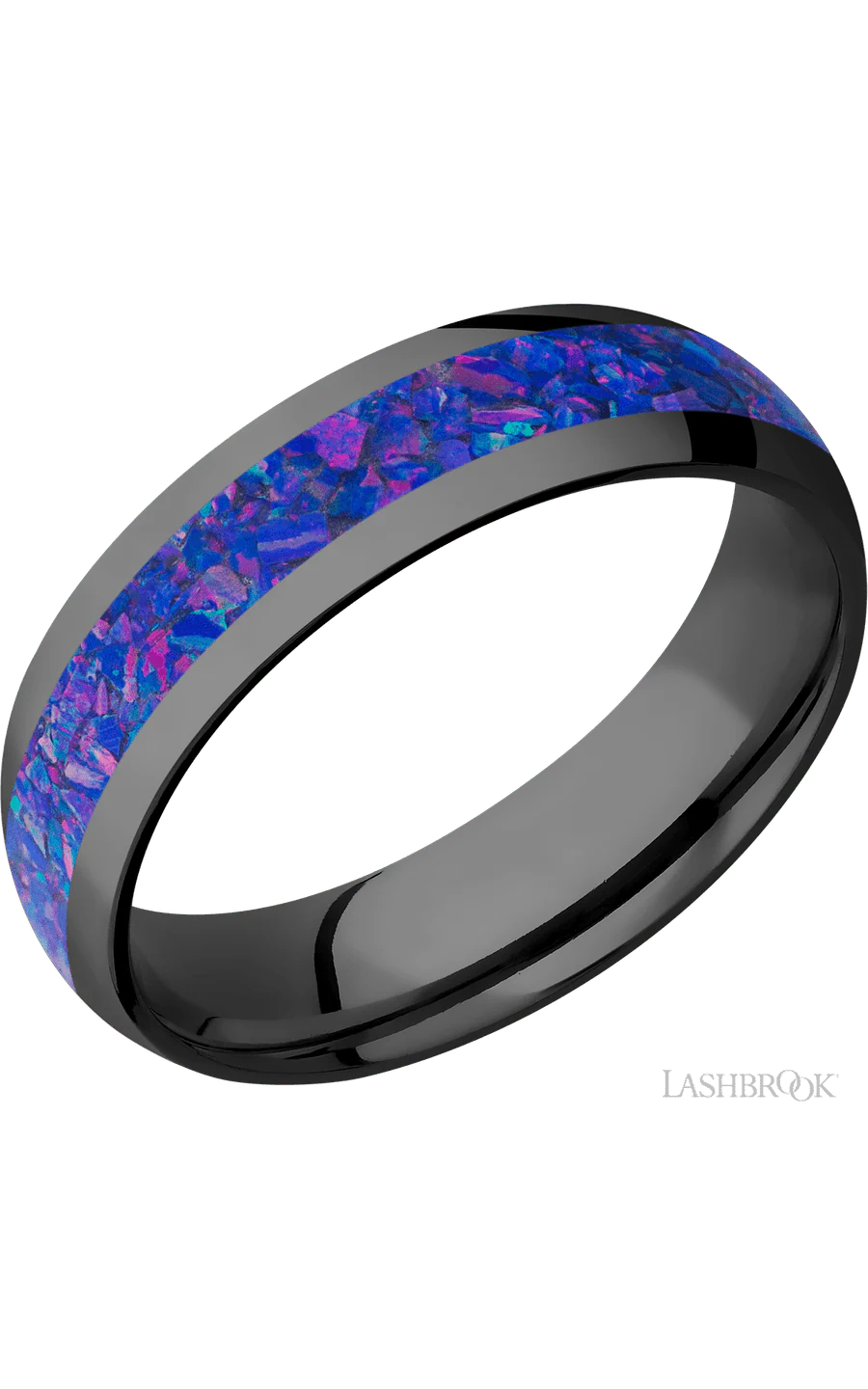6 mm wide/Domed/Zirconium band with one 3 mm Centered inlay of Purple Opal.