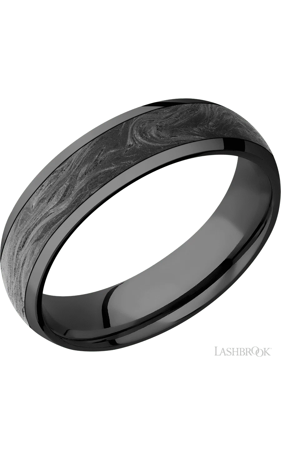 6 mm wide/Domed/Zirconium band with one 4 mm Centered inlay of Forged Carbon Fiber.