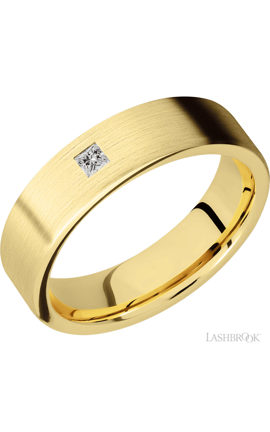 6 mm wide/Flat/14K Yellow Gold band with an arrangement of 1, .1 carat Princess Diamond stones in a Flush setting.