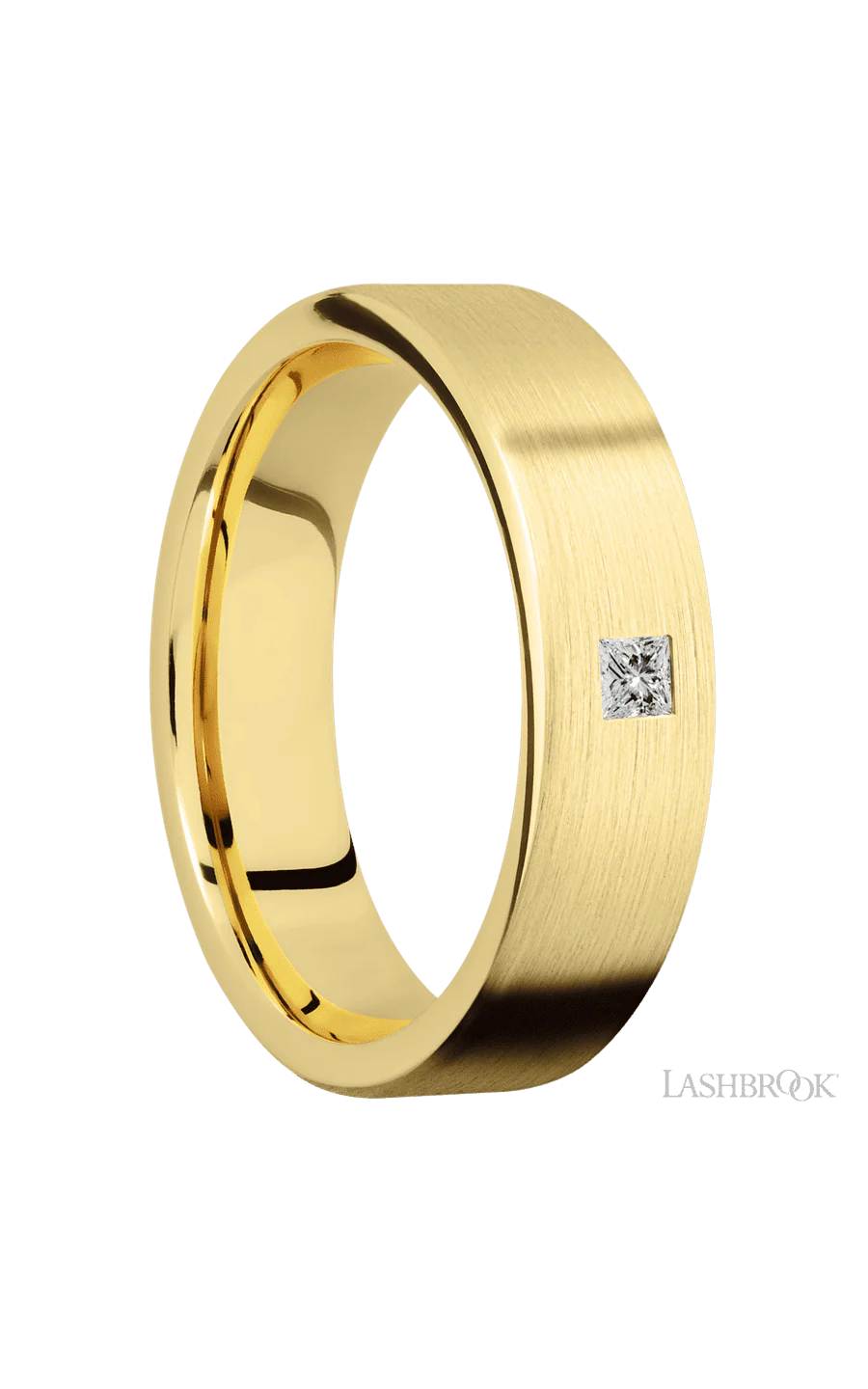 6 mm wide/Flat/14K Yellow Gold band with an arrangement of 1, .1 carat Princess Diamond stones in a Flush setting. - Image 2