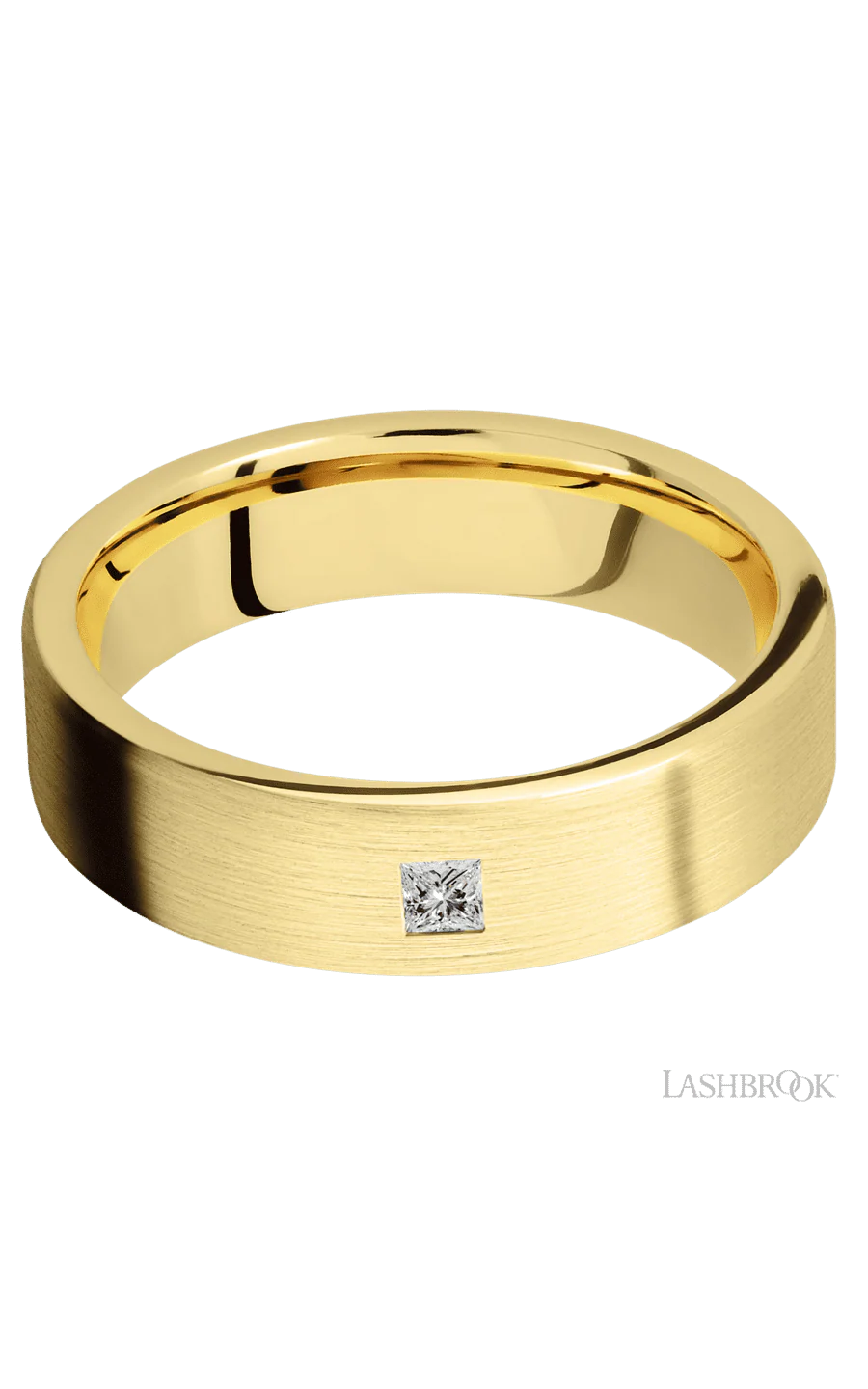 6 mm wide/Flat/14K Yellow Gold band with an arrangement of 1, .1 carat Princess Diamond stones in a Flush setting. - Image 3