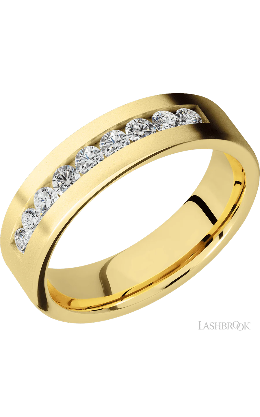 6 mm wide/Flat/14K Yellow Gold band with an arrangement of 9, .07 carat Round Diamond stones in a Channel setting.