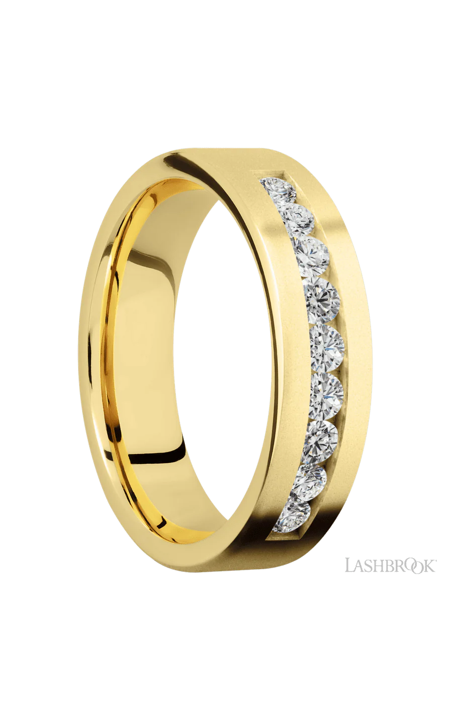 6 mm wide/Flat/14K Yellow Gold band with an arrangement of 9, .07 carat Round Diamond stones in a Channel setting. - Image 2