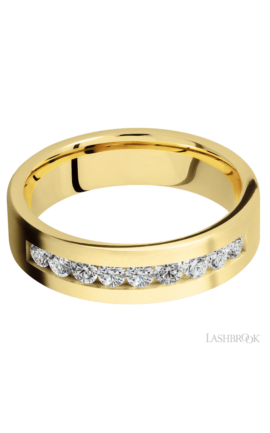 6 mm wide/Flat/14K Yellow Gold band with an arrangement of 9, .07 carat Round Diamond stones in a Channel setting. - Image 3