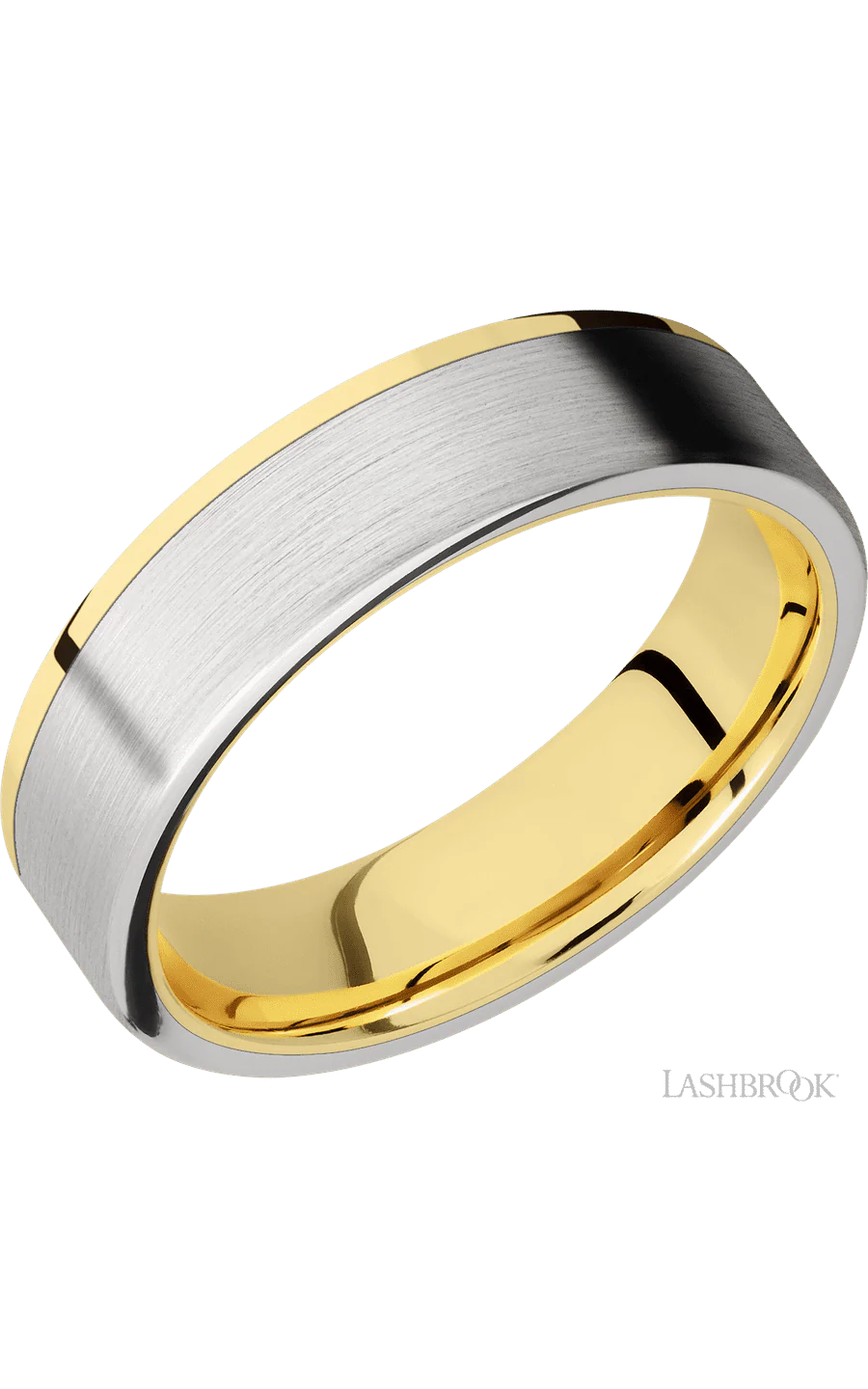 6 mm wide/Flat/14K Yellow Gold band with one 5 mm Off Center Edge inlay of Cobalt Chrome.