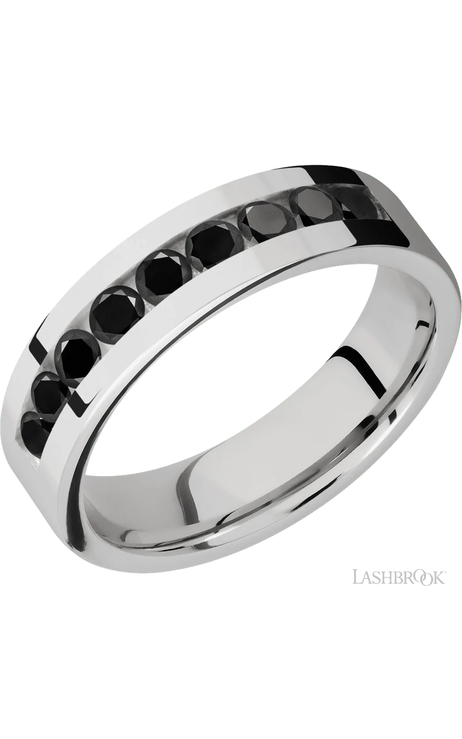 6 mm wide/Flat/Cobalt Chrome band with an arrangement of 9, .1 carat Round Black Diamond stones in a Channel setting.