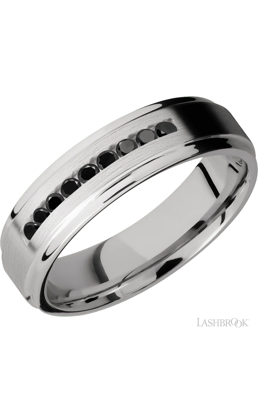 6 mm wide/Flat Grooved Edges/Cobalt Chrome band with an arrangement of 9, .03 carat Round Black Diamond stones in a Channel setting.