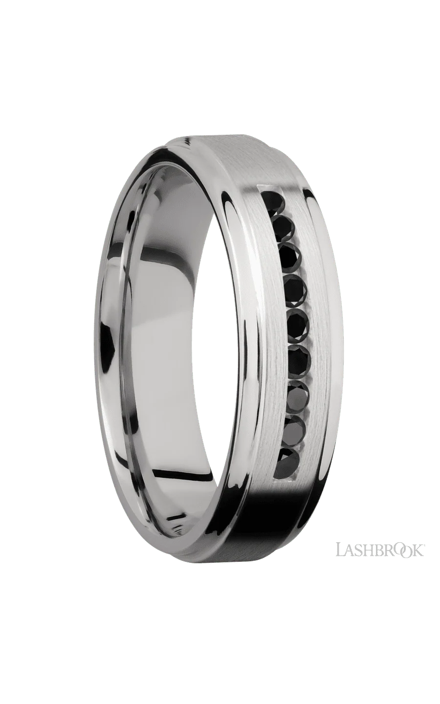 6 mm wide/Flat Grooved Edges/Cobalt Chrome band with an arrangement of 9, .03 carat Round Black Diamond stones in a Channel setting. - Image 2