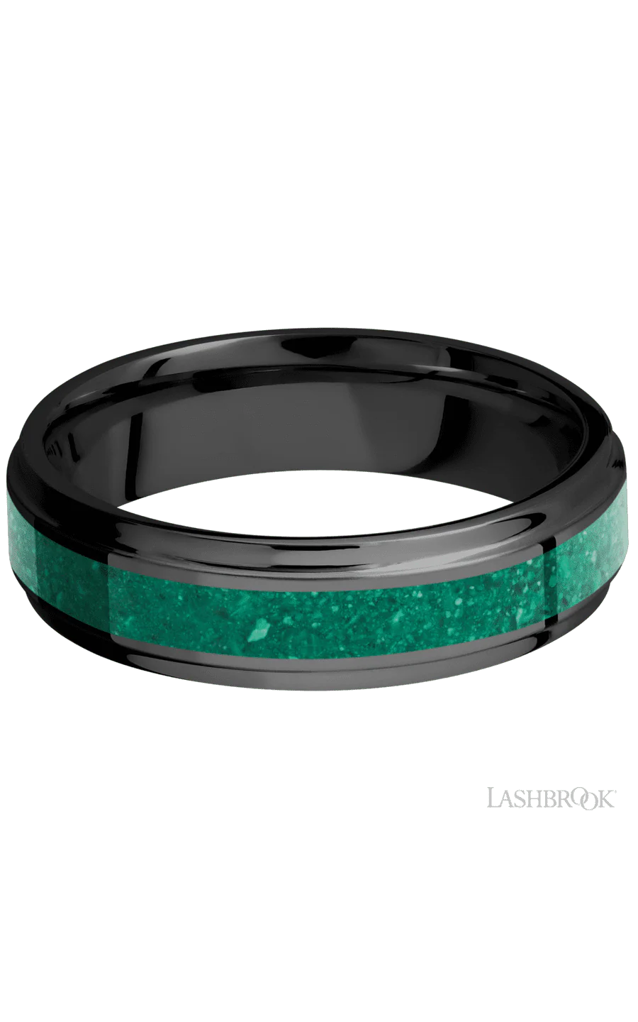 6 mm wide/Flat Grooved Edges/Zirconium band with one 3 mm Centered inlay of Malachite. - Image 3