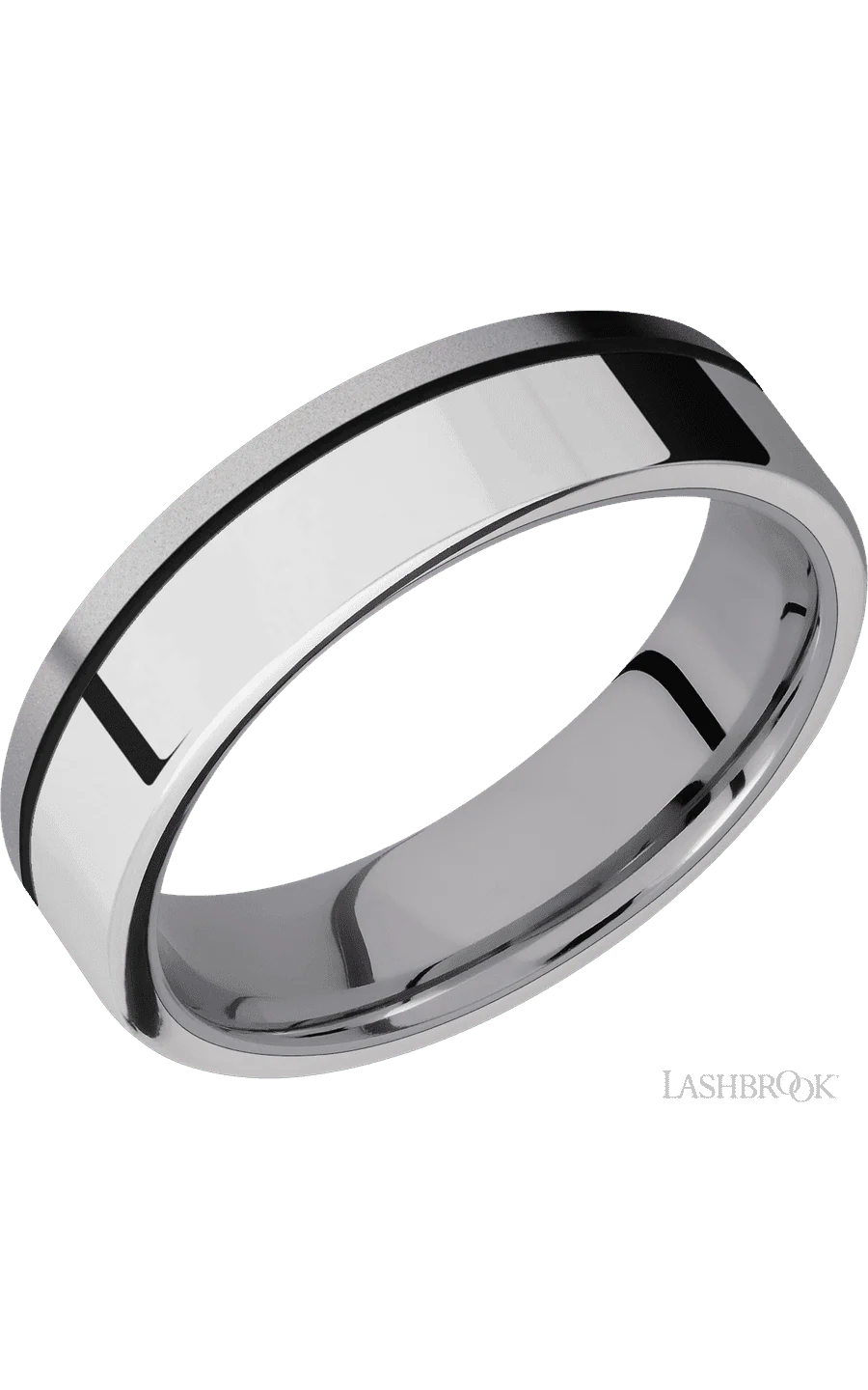 6 mm wide/Flat/Tantalum band with one 4 mm Off Center Edge inlay of Palladium Silver.