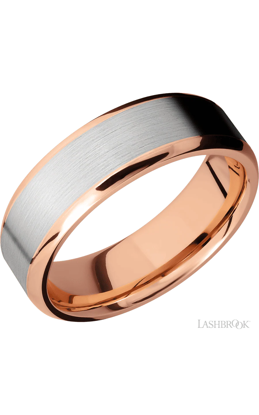 7 mm wide/Beveled/14K Rose Gold band with one 5 mm Centered inlay of 14K White Gold.