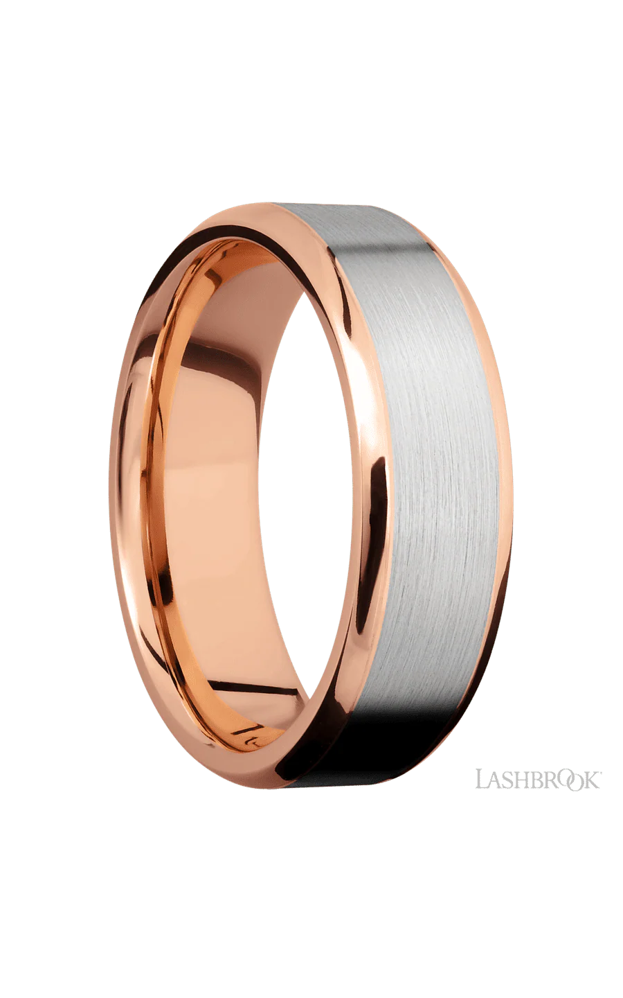 7 mm wide/Beveled/14K Rose Gold band with one 5 mm Centered inlay of 14K White Gold. - Image 2