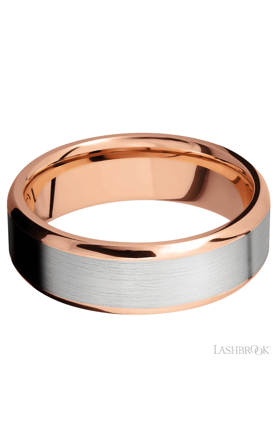 7 mm wide/Beveled/14K Rose Gold band with one 5 mm Centered inlay of 14K White Gold. - Image 3