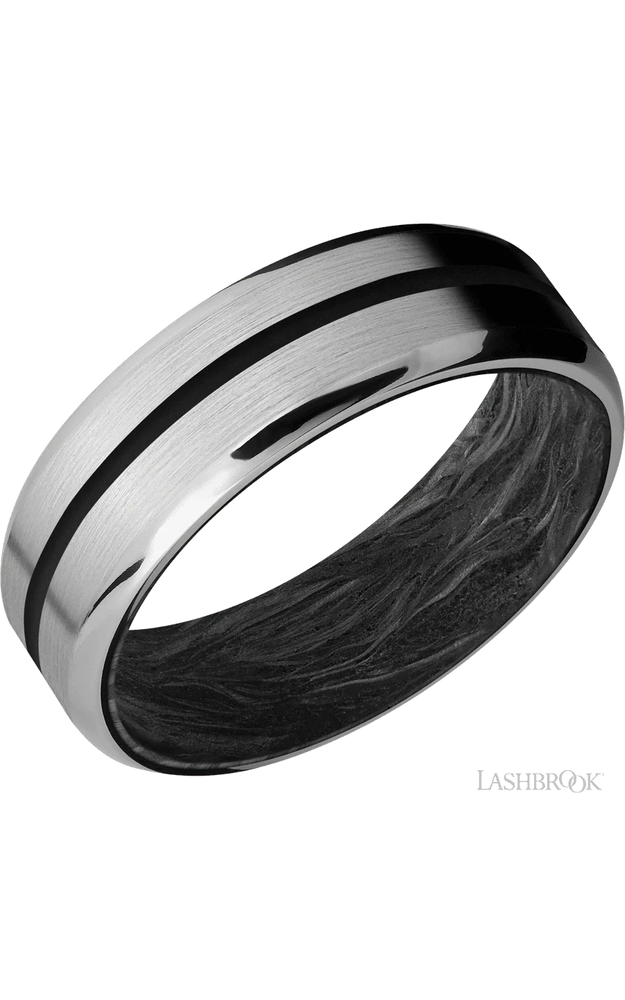7 mm wide/Beveled/Titanium band with one 1 mm Centered inlay of Black also featuring a Forged Carbon Fiber sleeve.