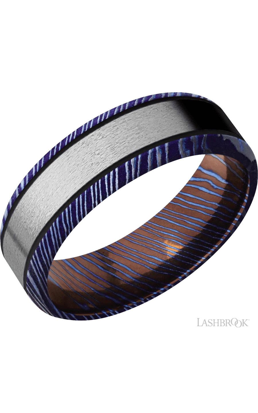 7 mm wide/Beveled/Titanium Damascus band with one 4 mm Centered inlay of Titanium.