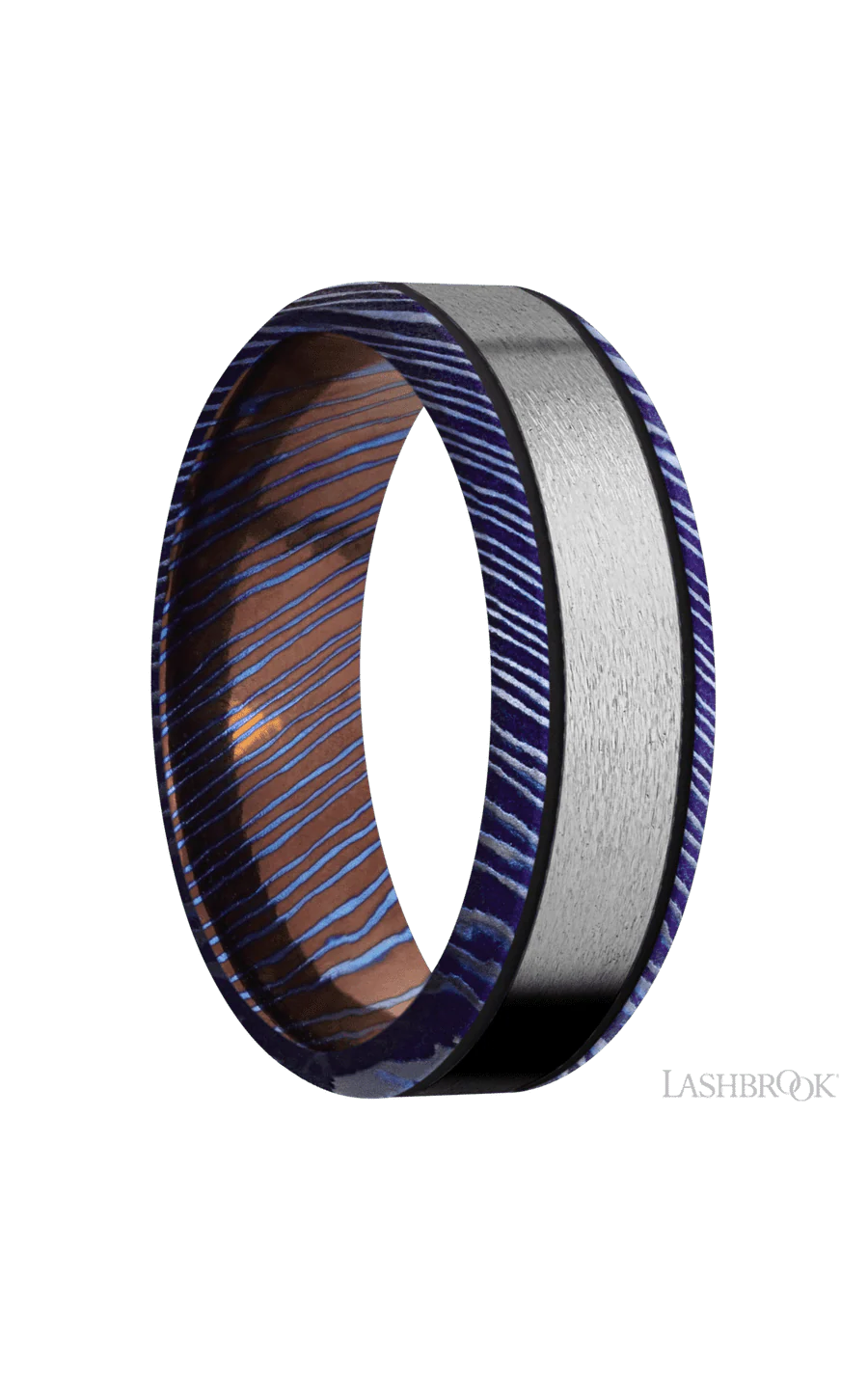 7 mm wide/Beveled/Titanium Damascus band with one 4 mm Centered inlay of Titanium. - Image 2