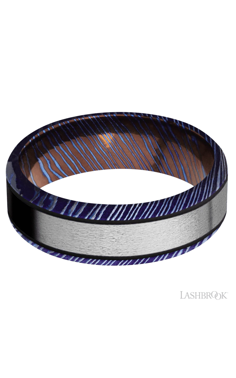 7 mm wide/Beveled/Titanium Damascus band with one 4 mm Centered inlay of Titanium. - Image 3