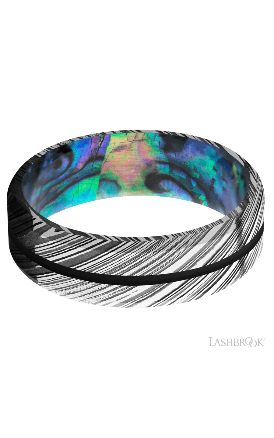 7 mm wide/Beveled/Woodgrain band with one 1 mm Centered inlay of Black also featuring a Abalone sleeve. - Image 3