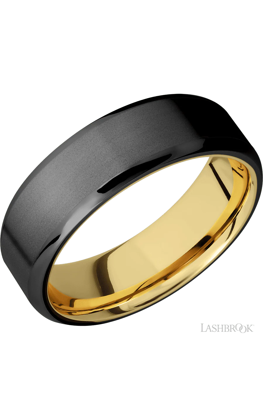 7 mm wide Beveled Zirconium band featuring a 14K Yellow Gold sleeve.