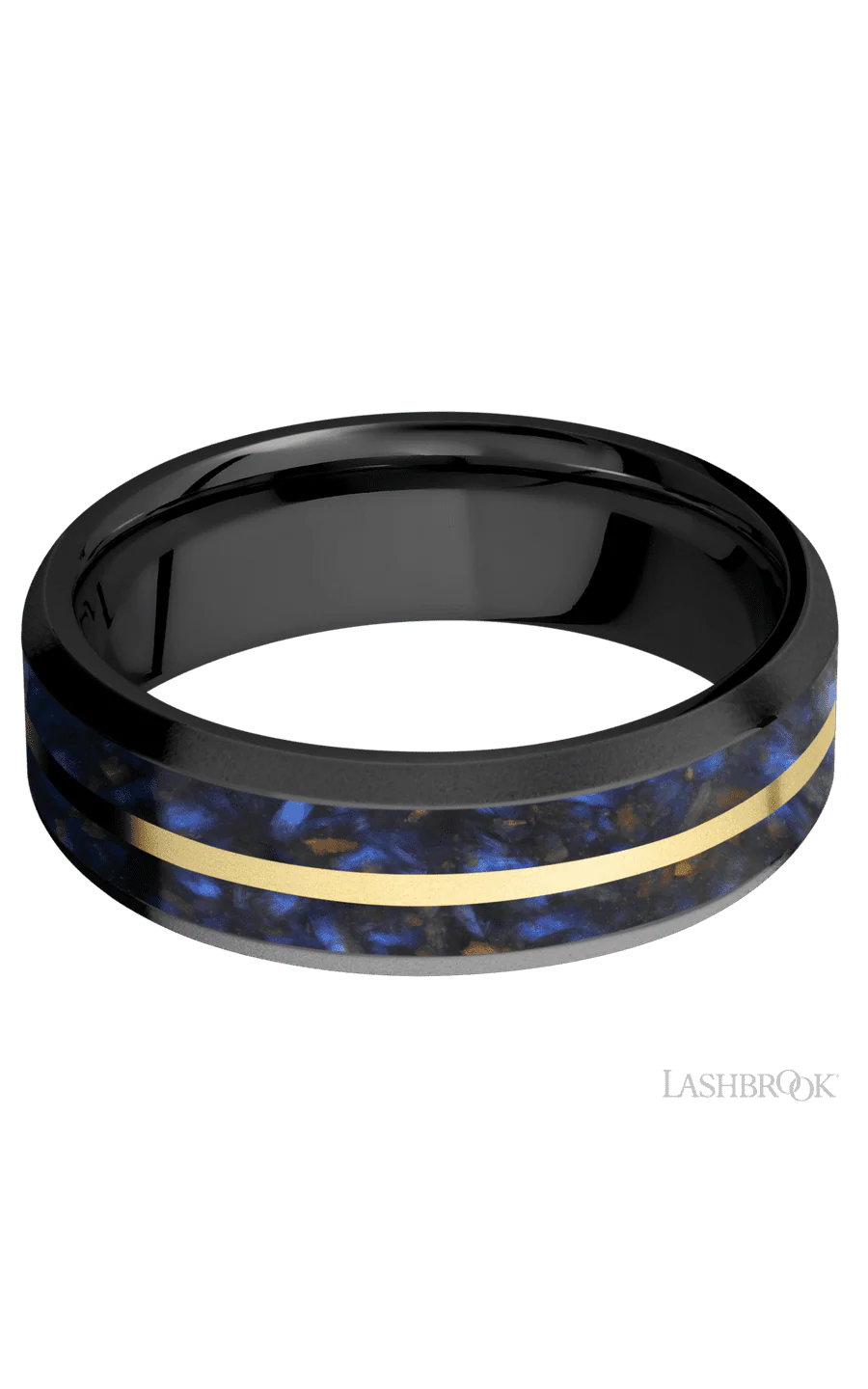 7 mm wide/Beveled/Zirconium band featuring inlays of Blue Tiger Eye and 14K Yellow Gold. - Image 3