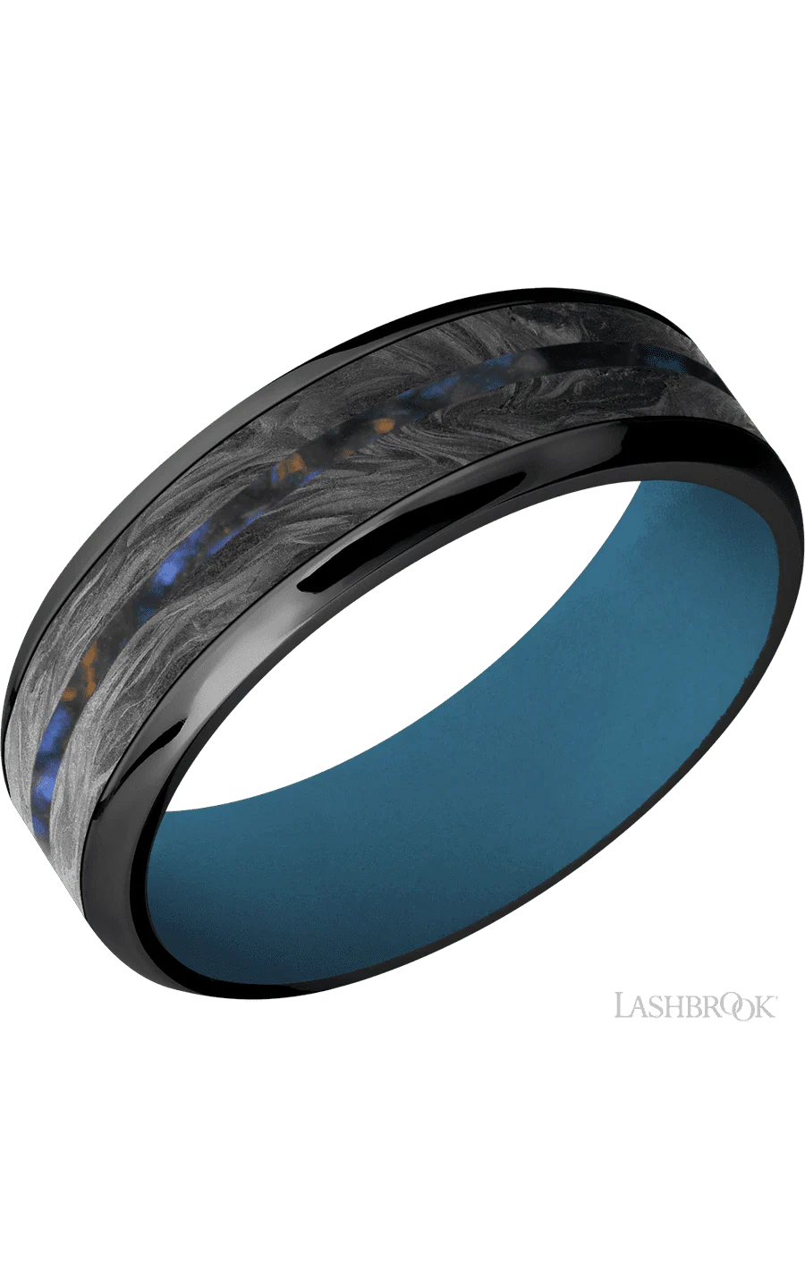 7 mm wide/Beveled/Zirconium band featuring inlays of Forged Carbon Fiber and Blue Tiger Eye also featuring a Royal Blue sleeve.