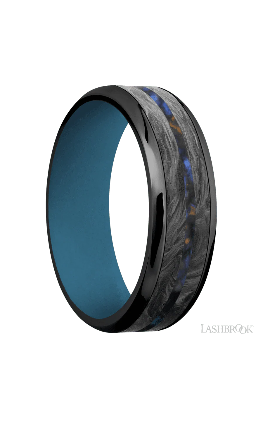 7 mm wide/Beveled/Zirconium band featuring inlays of Forged Carbon Fiber and Blue Tiger Eye also featuring a Royal Blue sleeve. - Image 2