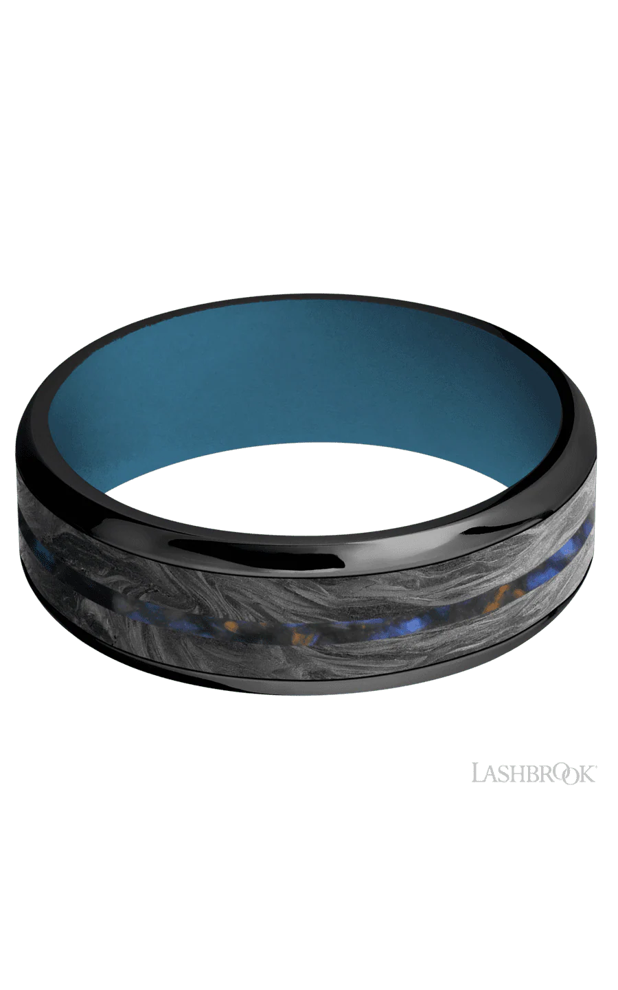 7 mm wide/Beveled/Zirconium band featuring inlays of Forged Carbon Fiber and Blue Tiger Eye also featuring a Royal Blue sleeve. - Image 3