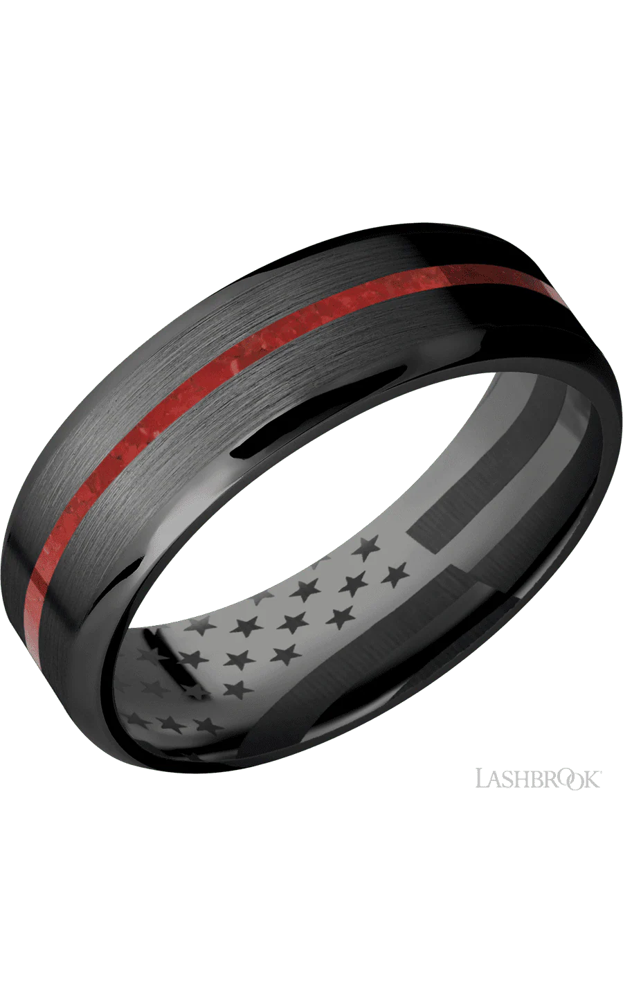 7 mm wide/Beveled/Zirconium band with one 1 mm Centered inlay of Coral.