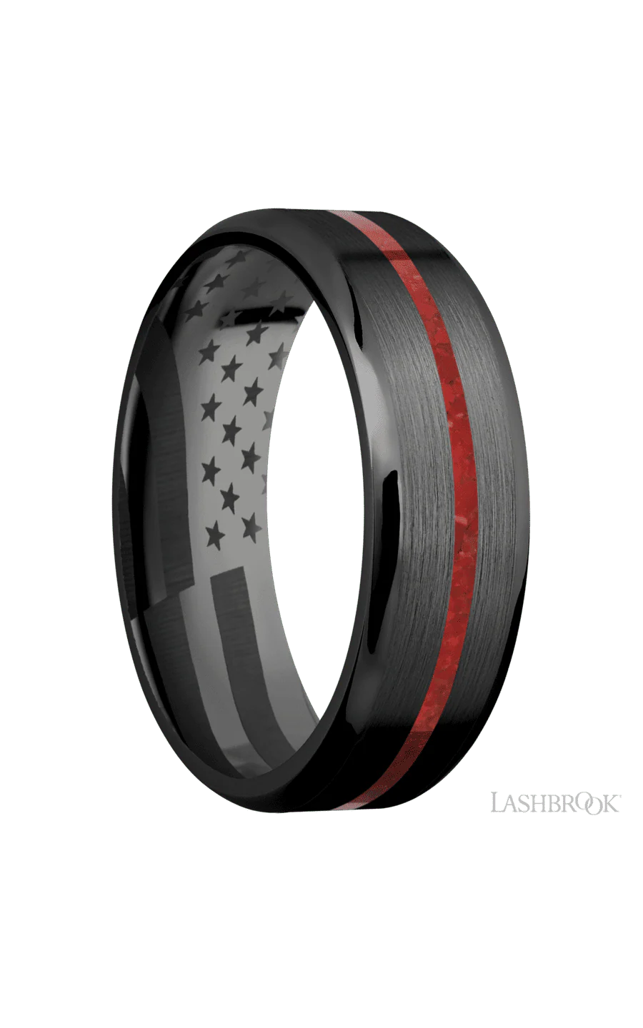 7 mm wide/Beveled/Zirconium band with one 1 mm Centered inlay of Coral. - Image 2