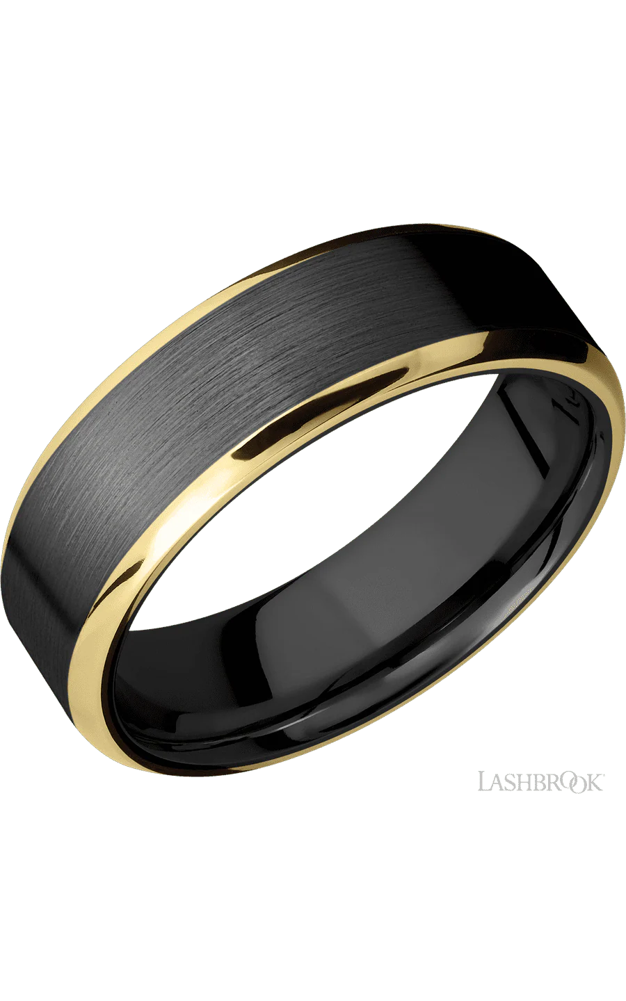 7 mm wide/Beveled/Zirconium band with two 1 mm Edge inlays of 14K Yellow Gold.