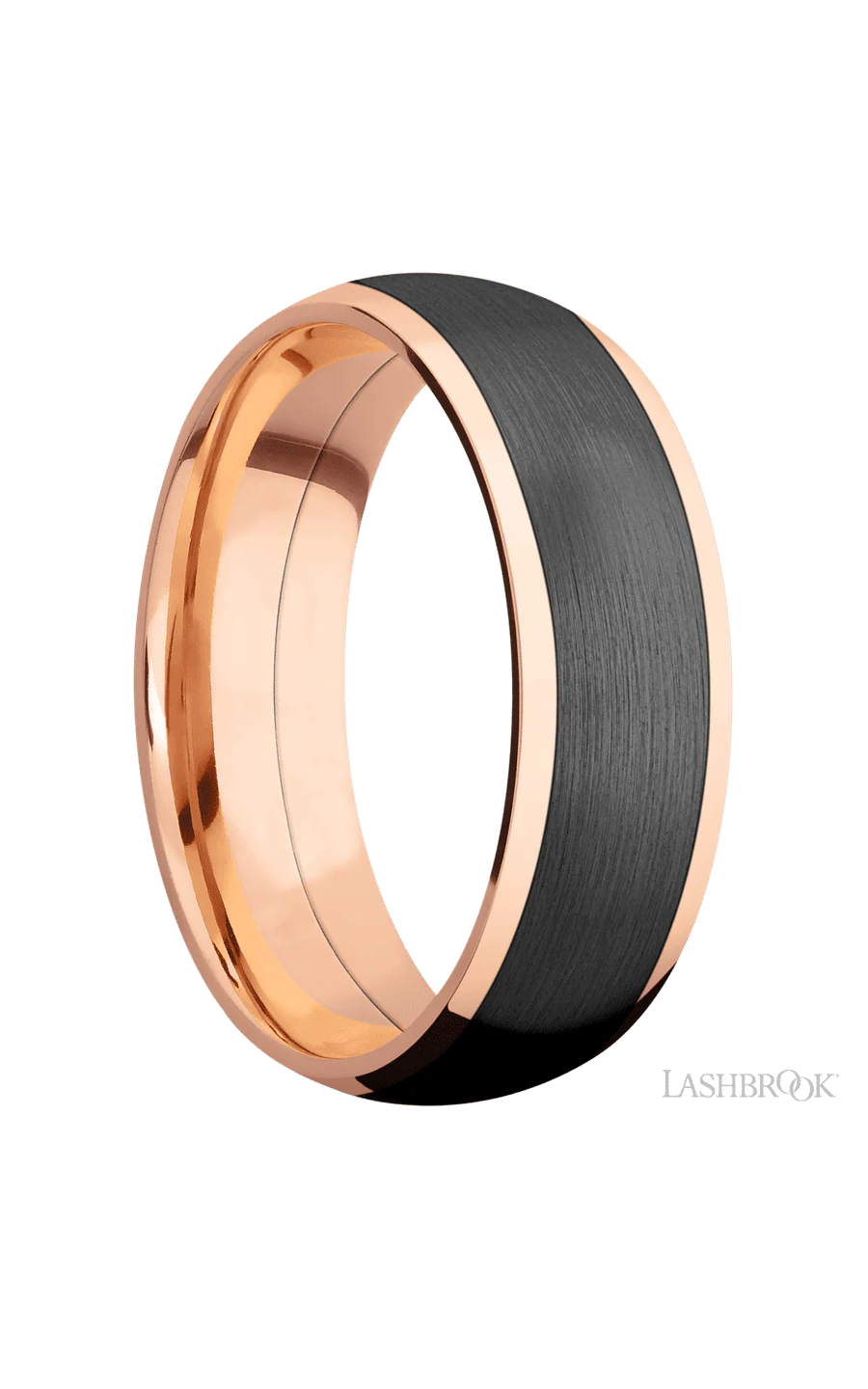 7 mm wide/Domed/14K Rose Gold band with one 5 mm Centered inlay of Zirconium. - Image 2