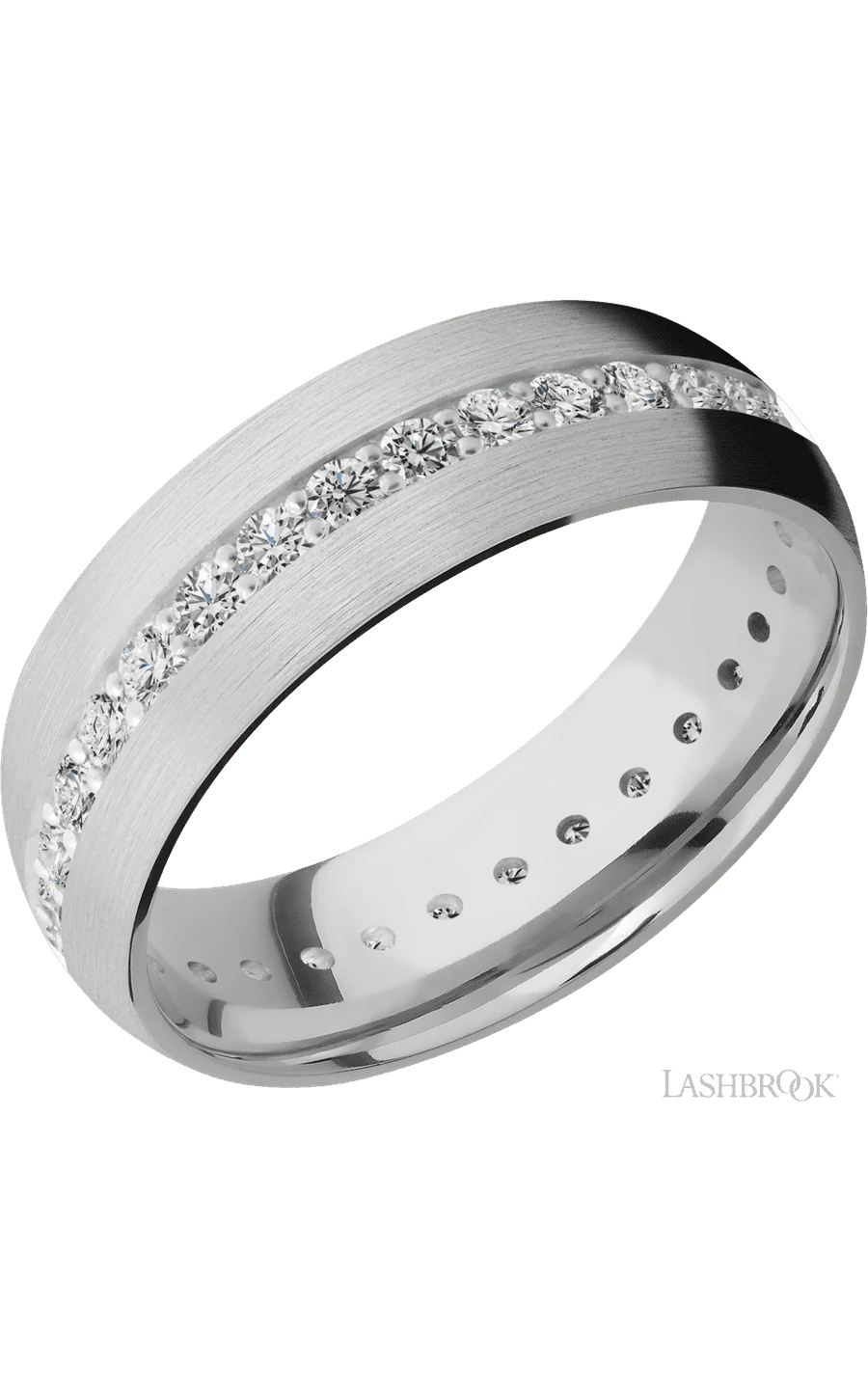 7 mm wide/Domed/14K White Gold band with an Eternity arrangement of .03 carat Round Diamond stones in a Bead Channel setting.